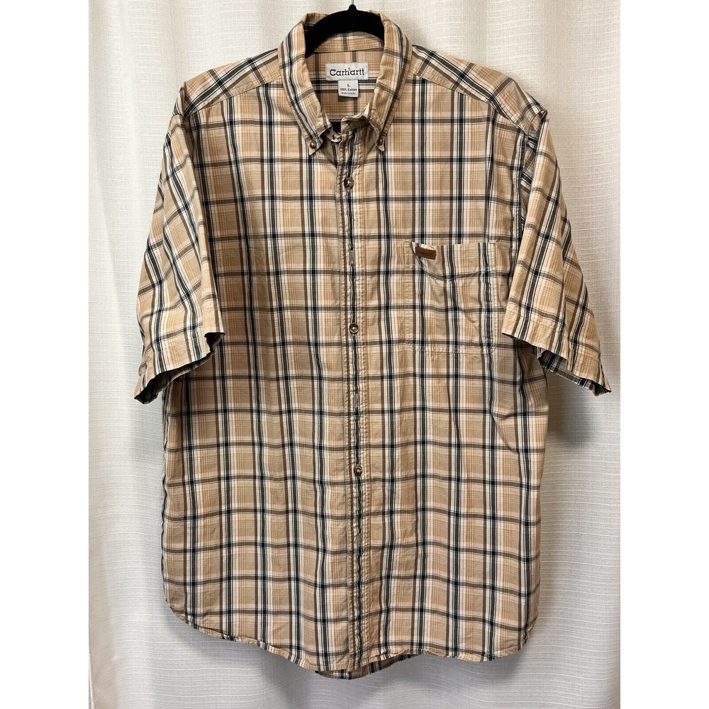 Carhartt Mens Size L Brown Plaid Shirt Cotton Button Up Western Short Sleeve